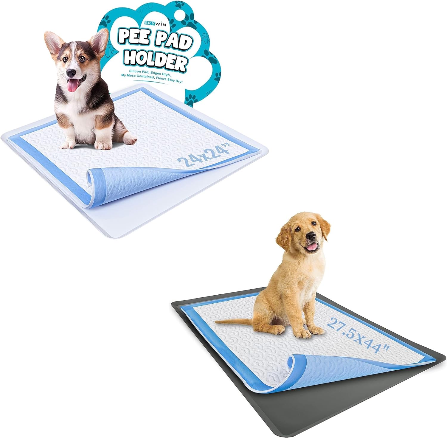 Skywin Dog Puppy Pad Holder Tray 24X24” (Grey) + 27.5x44” (Grey) - Silicone, No Spill Pee Pad Holder for Dogs - Pee Pad Holder Works with Most Training Pads, Easy to Clean and Store