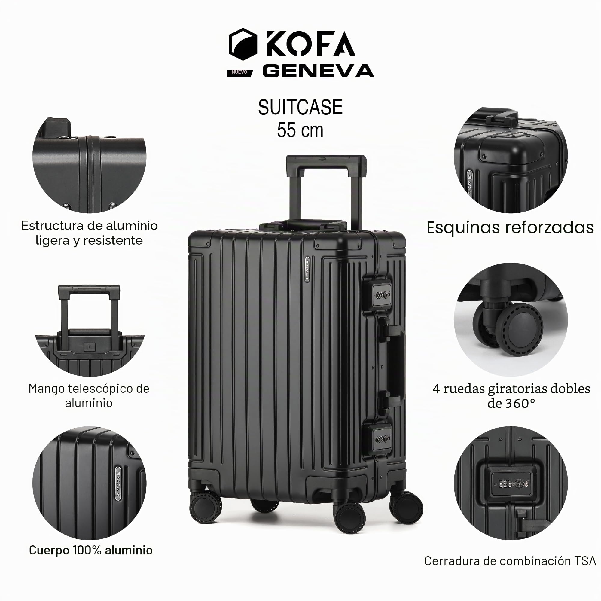 KOFA Geneva Maleta de Cabina 100% de Aluminio, 55 cm, Trolley Rígido de Cabina, Maleta de Viaje Spinner con 4 Ruedas y Doble Cerradura TSA, 35 L (Negro)