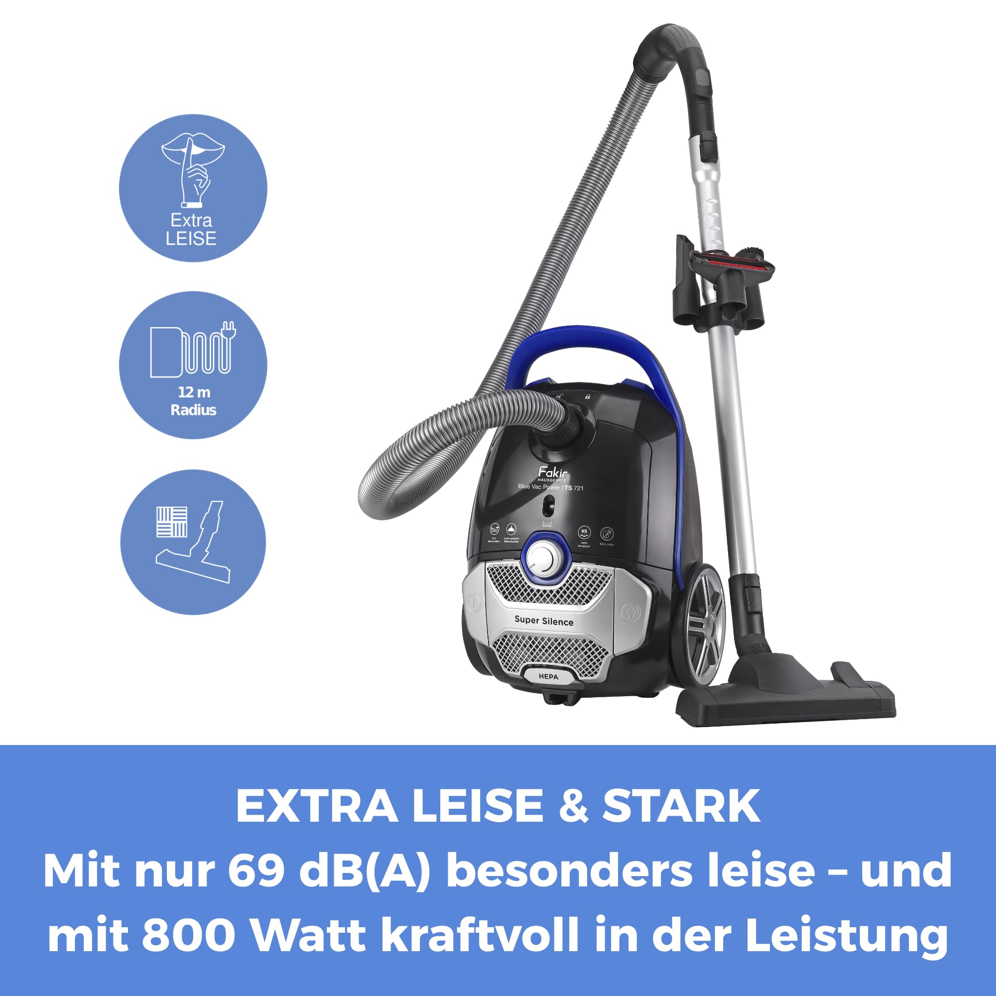 Fakir Blue Vac Power TS 721 Staubsauger mit Beutel 800W, Bodenstaubsauger mit Kabel, HEPA H14 Filter, sehr leisem Hocheffizienzmotor 69dB(A), großem 3l Staubbeutel & 12m Aktionsradius, Schwarz/Blau