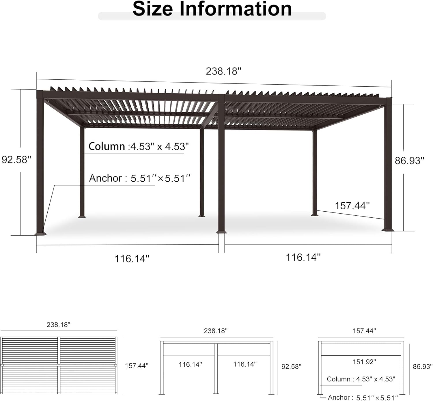 Diagram showing the dimensions of the PURPLE LEAF Louvered Pergola, including column and anchor sizes.