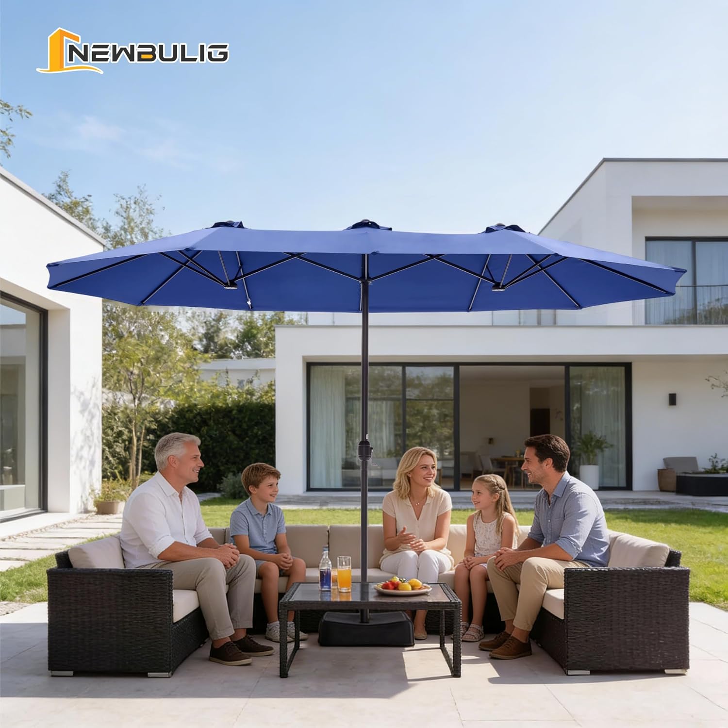NEWBULIG 15ft Double-Sided Patio Umbrella, Extra Large Outdoor Market Umbrella with Cross Base, 12 Sturdy Ribs Triple Head Twin Canopy Umbrella with Crank for Garden, Backyard, Poolside