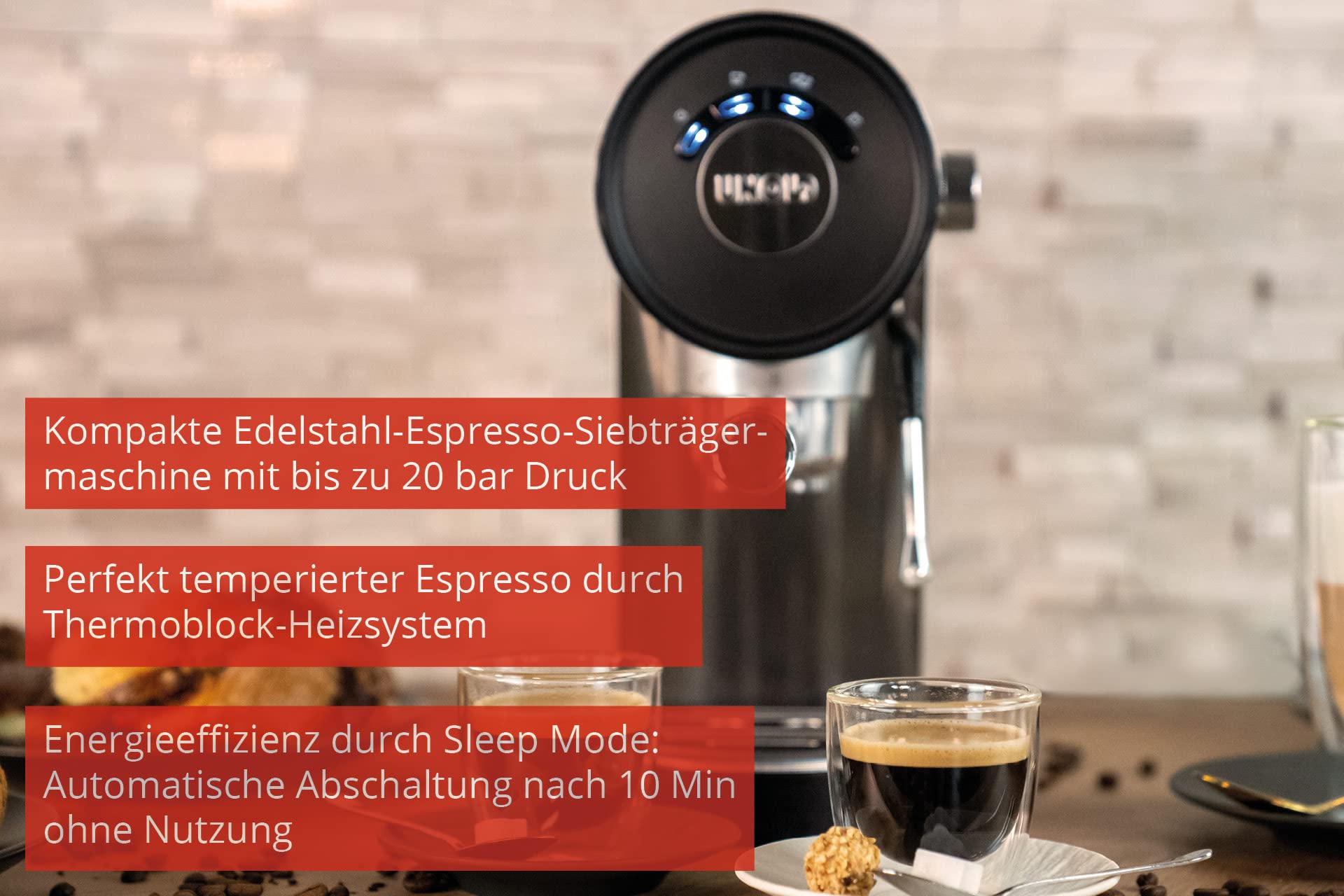 Unold Espressomaschine Piccopresso 28636 - Siebträger, Edelstahl, Thermoblock, 20 bar, Milchschaumdüse, 1–2 Tassen, Heißwasserfunktion, kompakt, Sleep Mode