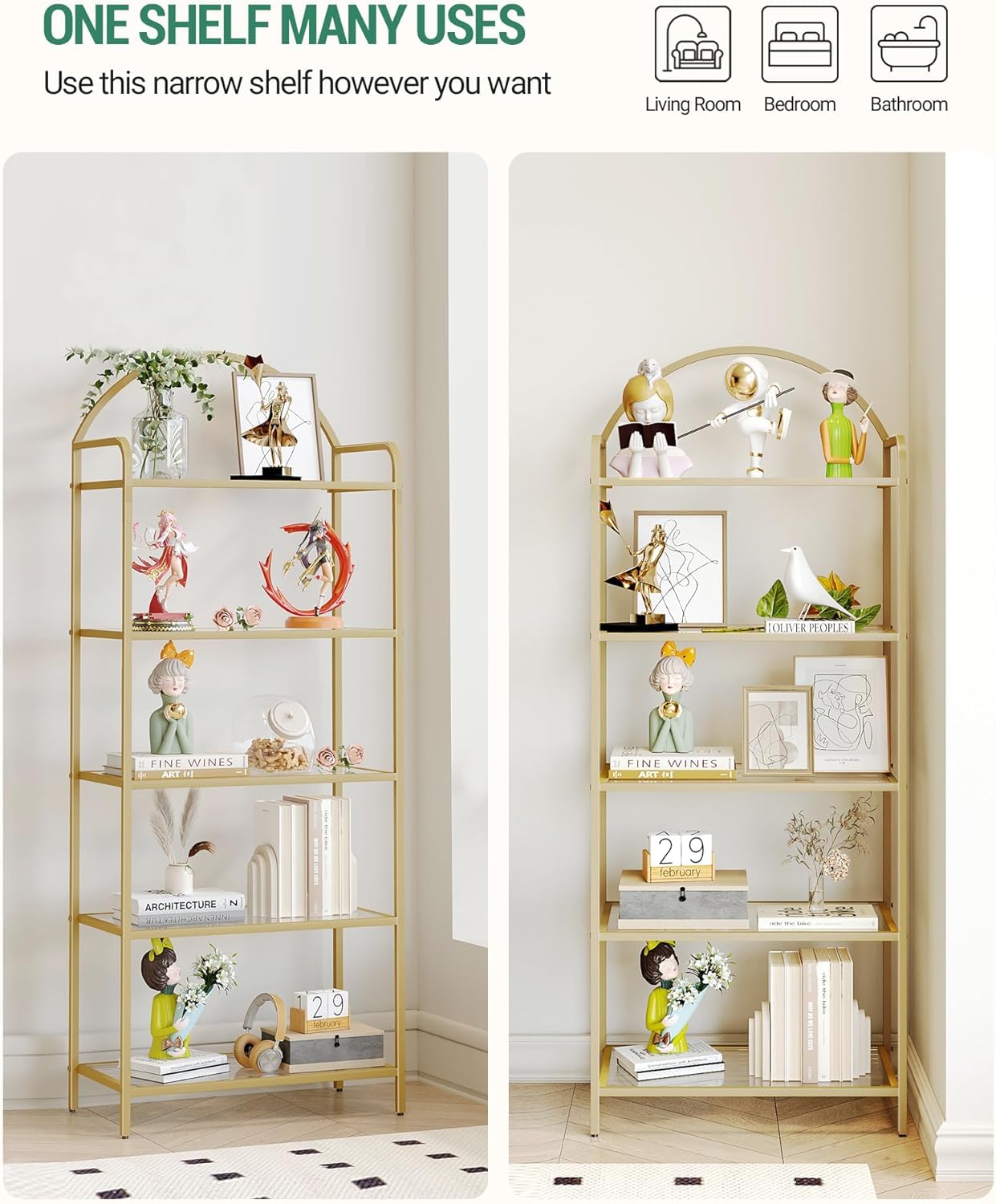 Hzuaneri Libreria Libreria, Libreria in Vetro Temperato, Scaffalatura Sottile per Camera da Letto Bagno, Home Office, Struttura in Acciaio 5 Livelli Oro BC21599G