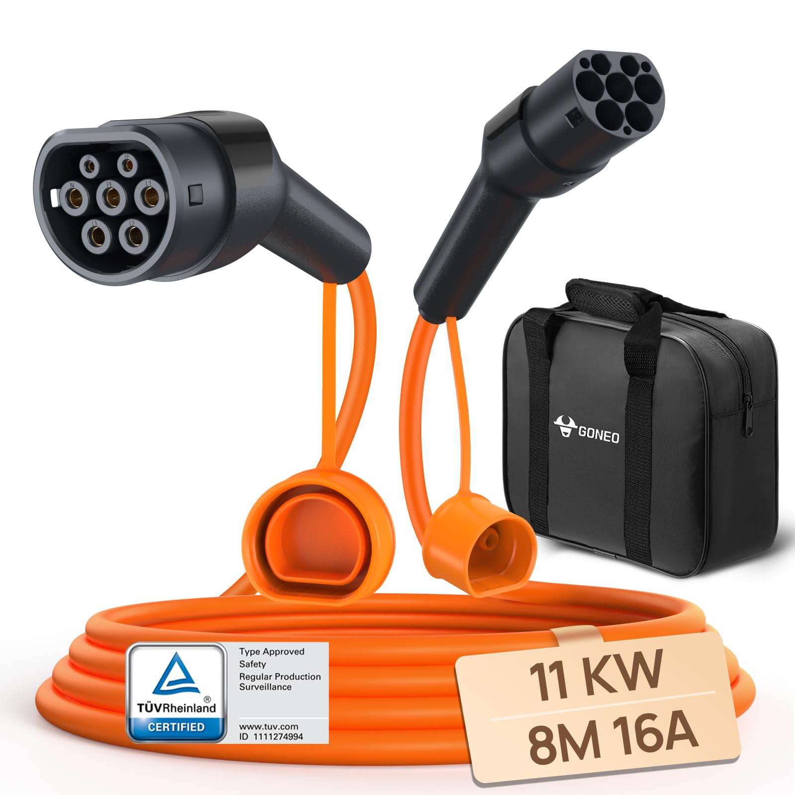 GONEO Typ 2 Ladekabel 11kW 7M 16A Ladekabel Elektroauto Typ 2 3 Phasig für E Auto EV/PHEV Mode 3 mit Tasche Geeignet für S/3/X/Y e-Golf ID.3 i3/i8