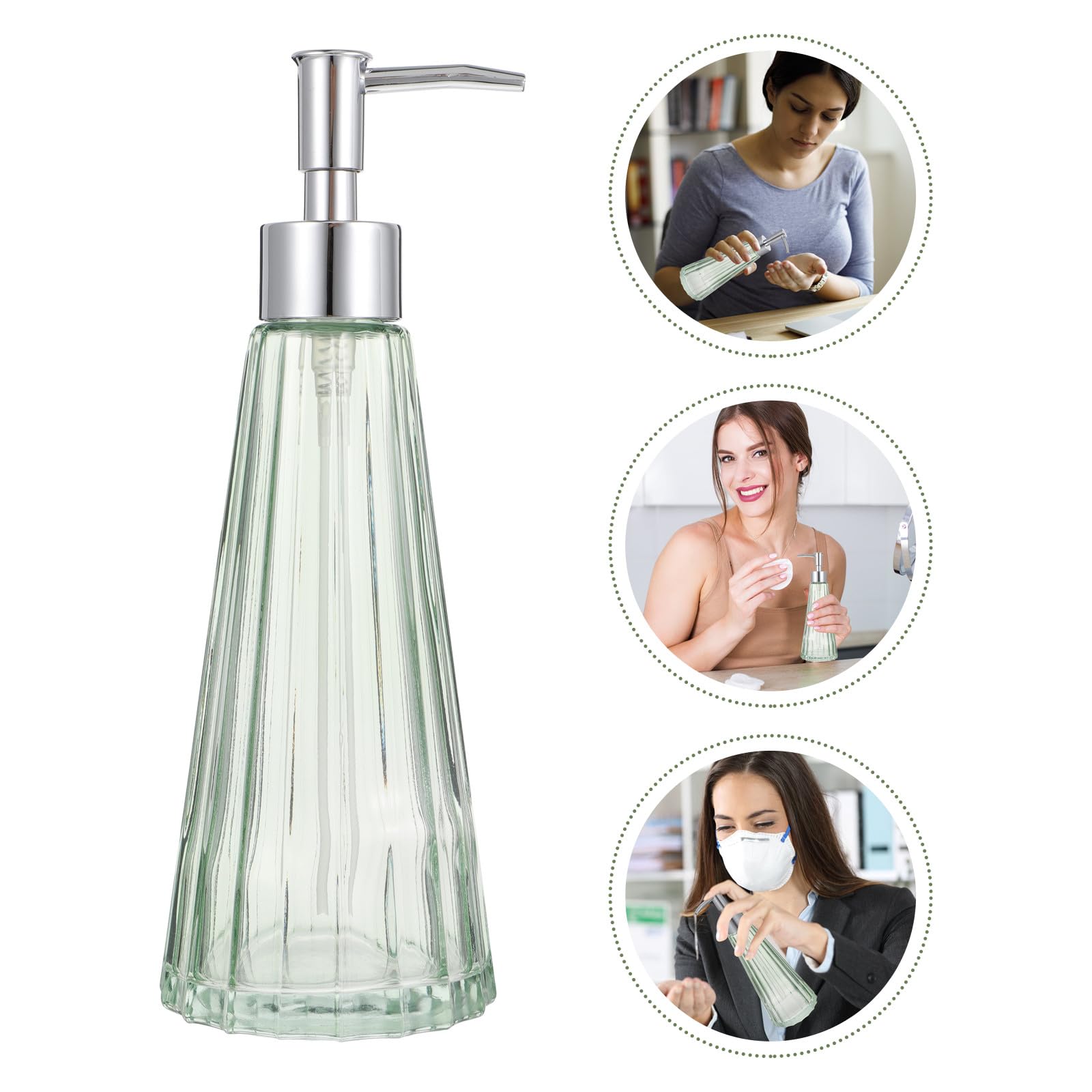 Veemoon Flacon de Lotion Rechargeable en Verre Vert Pompe Argentée 1 Pièce Flacon Secondaire pour Salle de Bain Distributeur de Savonnette Liquide et Shampooing Accessoire Élégant et
