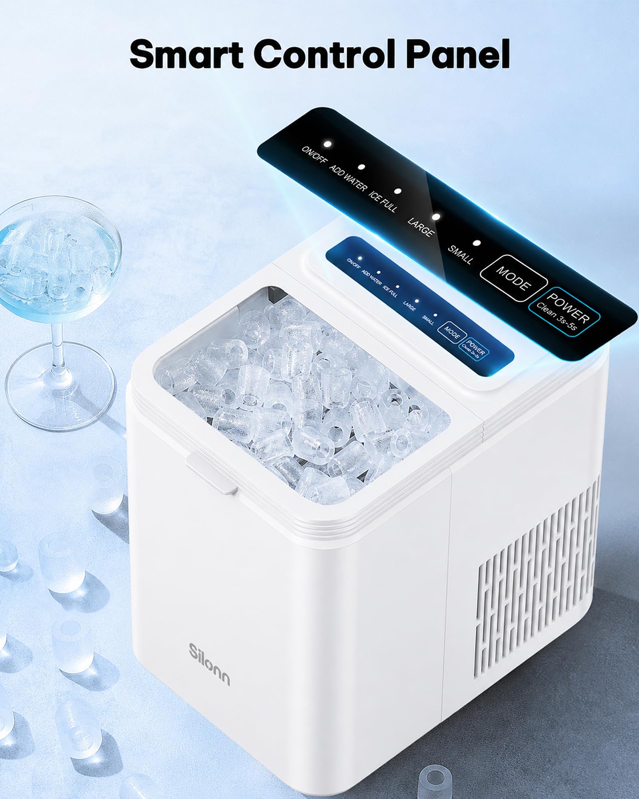 Silonn Ice Maker Countertop, 8 Ice Cubes in 6 Mins, 26.5 lbs/24H, 2 Bullet Ice Sizes, Self-Cleaning Bullet Ice Maker, Portable Ice Machine for Kitchen, Party, Office, and RV Camping view 4