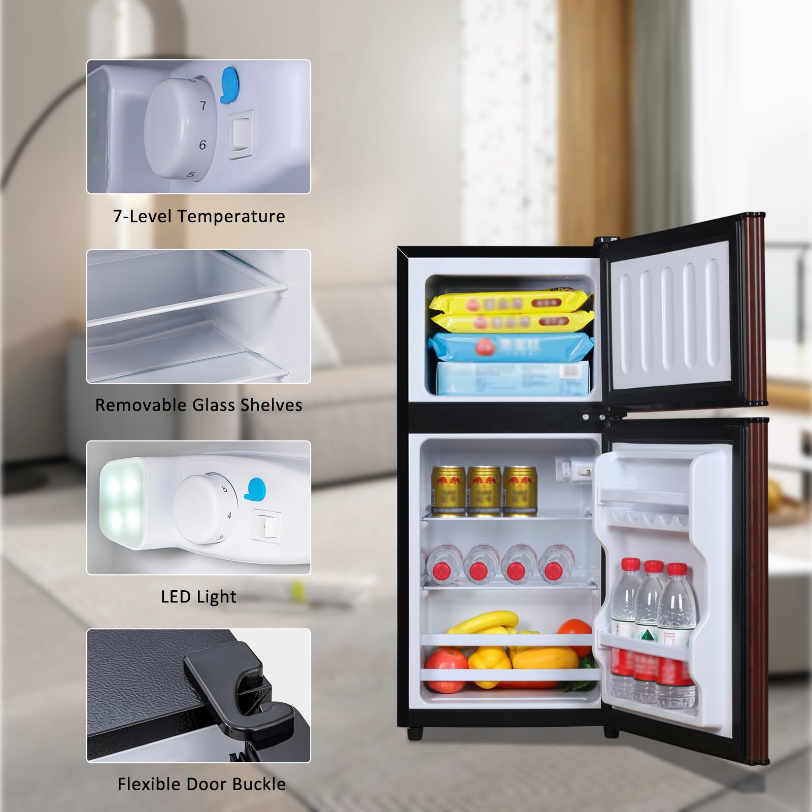 Axutl Refrigerator With Freezer Retro Mini Fridge Bedroom Dorm Wood Color 3.5 Cu.Ft Compact Small For RV Apartment 2-Door Design on Fridge.com - View 4
