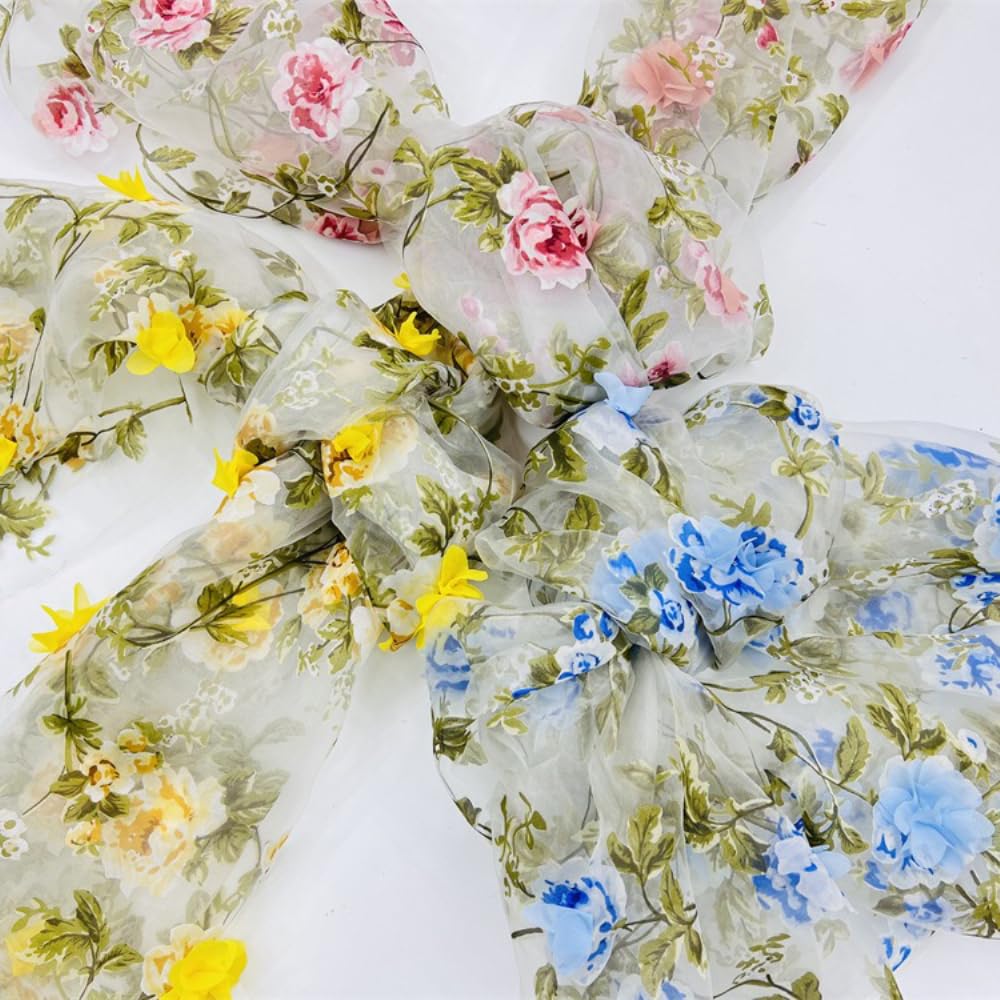 4 jardy x 130 cm, organza z haftem 3D, materiał organzy z nadrukowanymi gałązkami drzew i kwiatami, materiał dekoracyjny do majsterkowania, rzemiosła, na wesele, imprezę, do ubrań, kolor
