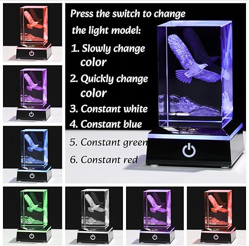 Miniatura 3 de Movdyka Figuras de águila grabadas en 3D de cristal, regalos para hombres con base de luz colorida, estatua de águila de animales, adorno de