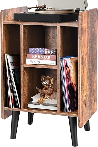 Soporte para tocadiscos, tocadiscos con almacenamiento de vinilo, estante de audio, mesa de noche con patas de madera para dormitorio, sala de