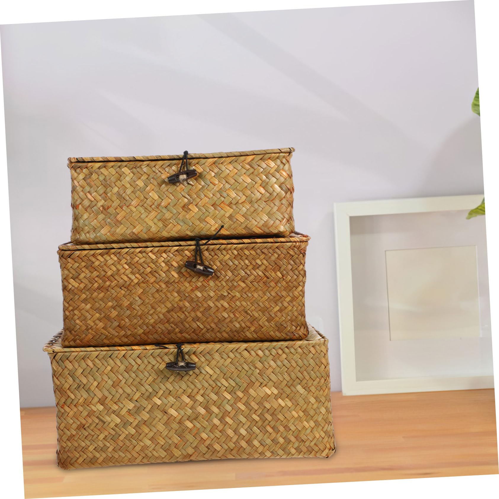 VICASKY Set da 3 Scatole Portaoggetti Intrecciate in Paglia con Coperchio per Organizzare Casa, Stile Naturale Rustico con Funzione di Archiviazione e Fragranza Naturale