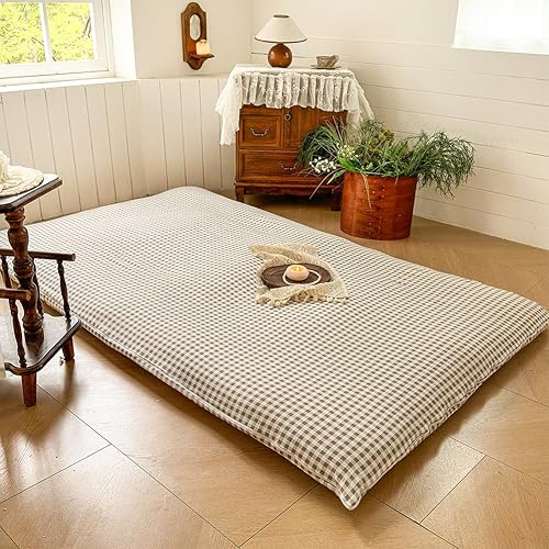 Miniatura 2 de Tan Gingham - Funda de colchón japonesa para futón individual para almohadilla de 3-4 pulgadas de grosor, funda de colchón de tatami japonés a