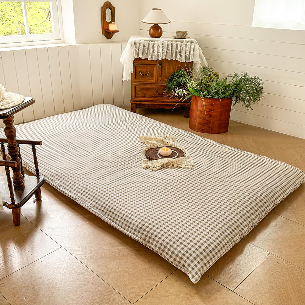Tan Gingham Japanese Floor Mattress Futon Cover Queen, Checked Plaid Japanese Tatami Mattress Cover,Grid Guest Sleeping Mat for Floor (Tan Gingham, Queen)
