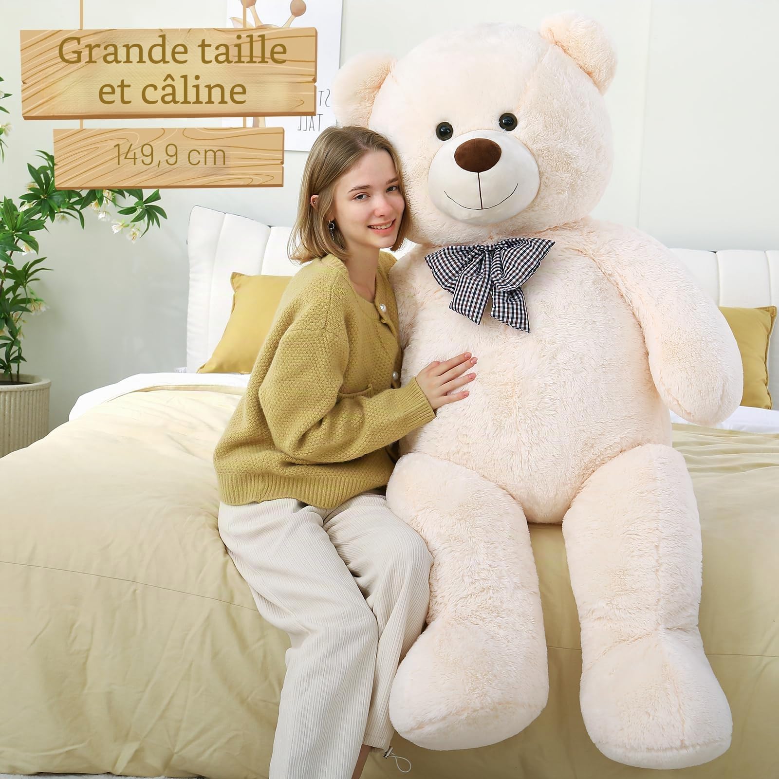 MorisMos Peluche Ours Geant XXL 150cm, Kawaii Nounours en Peluche Geante Ivoire Doux, Grand Doudou Teddy Bear Douce Câlin Cadeau Mignonne pour Femme Enfant Filles Saint Valentin Anniversaire Mariage