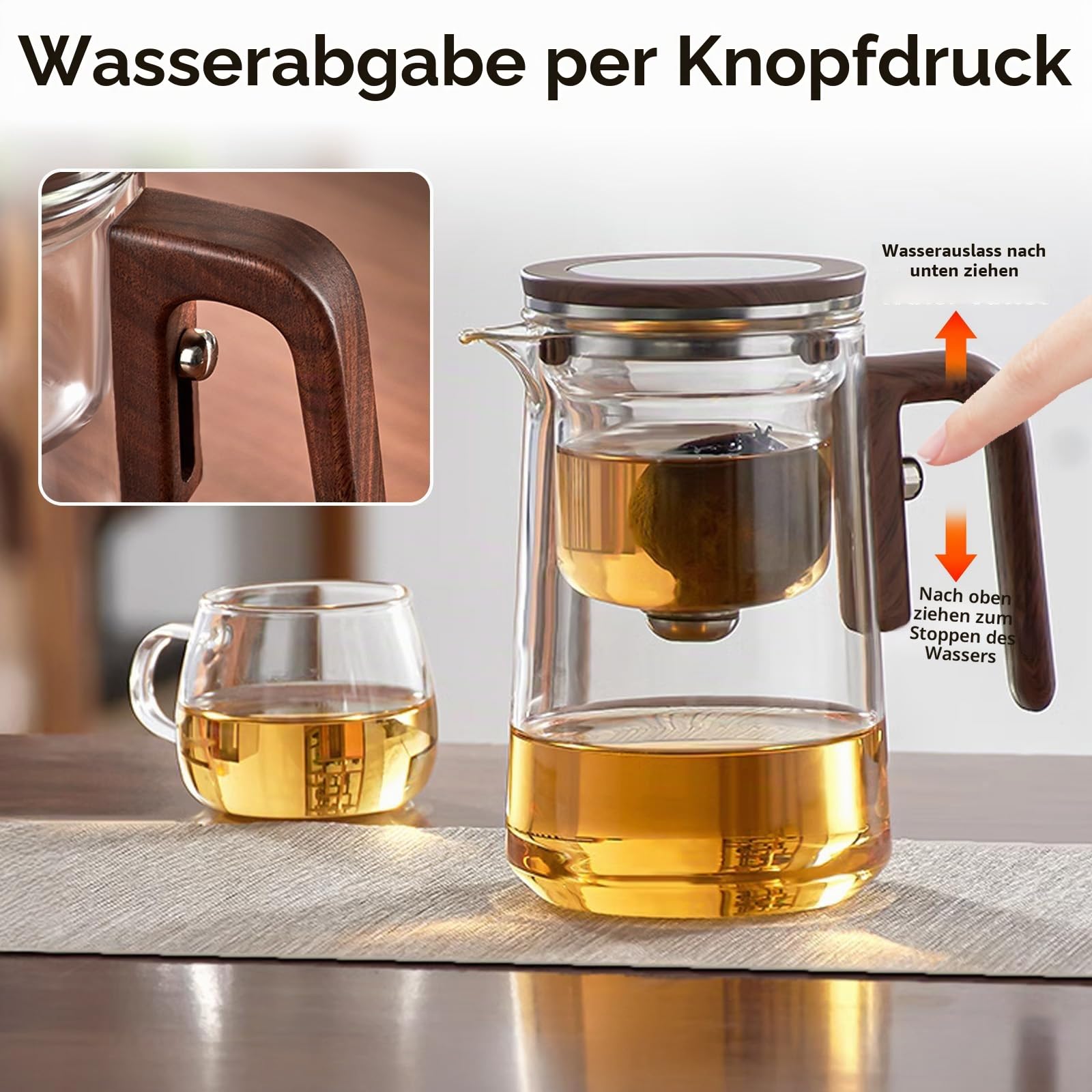 Wassertrennung Glas Teekanne mit Siebeinsatz und Holzimitat-Griff - Magische Teekanne, Innovativem Designs für gleichmäßigen Teegenuss, Transparente Teekannes mit Infusor, Zuhause, Arbeitsplatz(800ml)