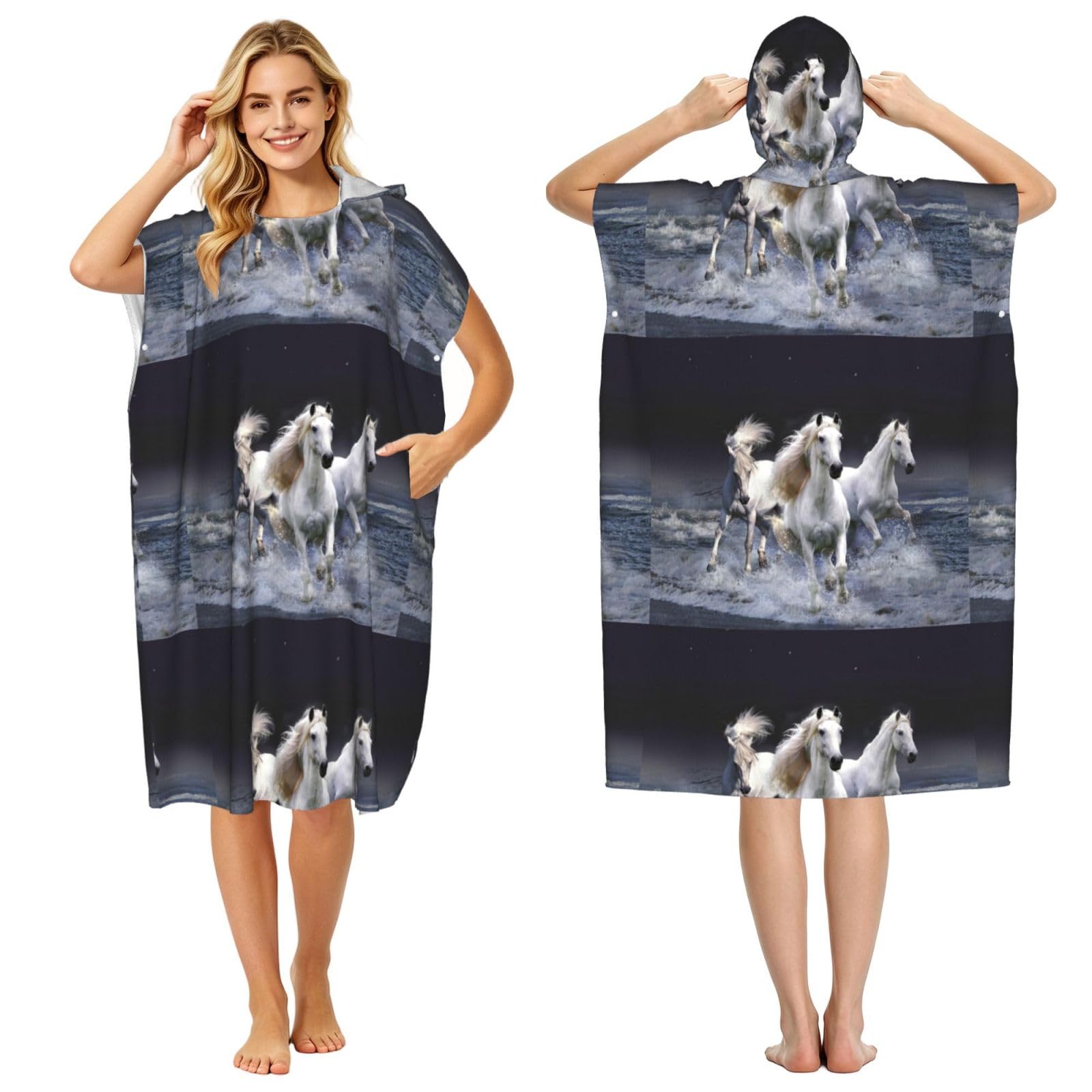 Poadnly Horse, Adult Hooded Beach Towel 90 x 110 cm,Changing Bath Robe, Surf Poncho Towel For Women Men