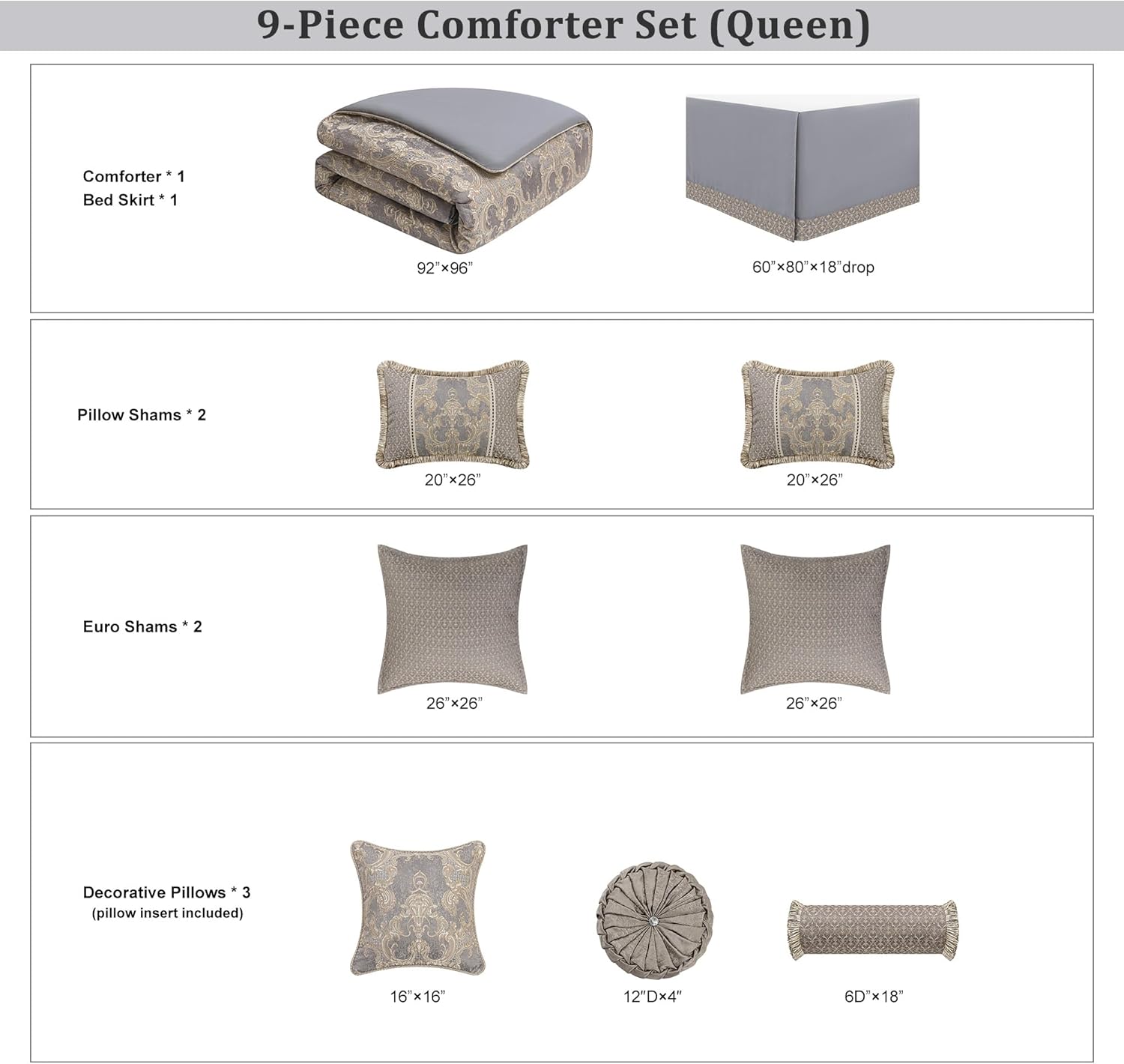 Loom and Mill 9-Piece Jacquard Comforter Set Queen, Royal Elegant Damask Design Comforter Sets, Luxury Bedding Set with Bed Skirt, Euro Shams, Decorative Pillows, All Season(Gray+Beige Brown, Queen)