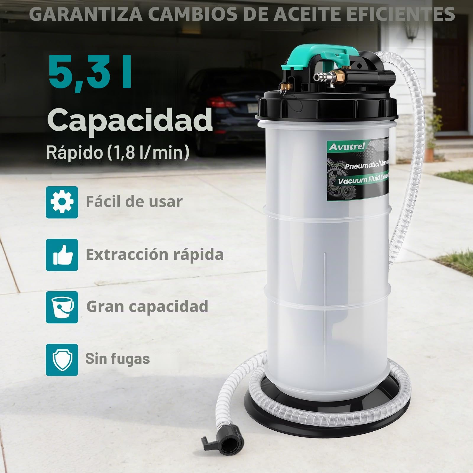 5,3L Manual y Neumática Bomba Succión de Aceite | Bomba Extractora de Fluidos Líquido de Transmisión con 6 Mangueras y Válvula de Seguridad, Bomba de Cambio de Aceite de Motor