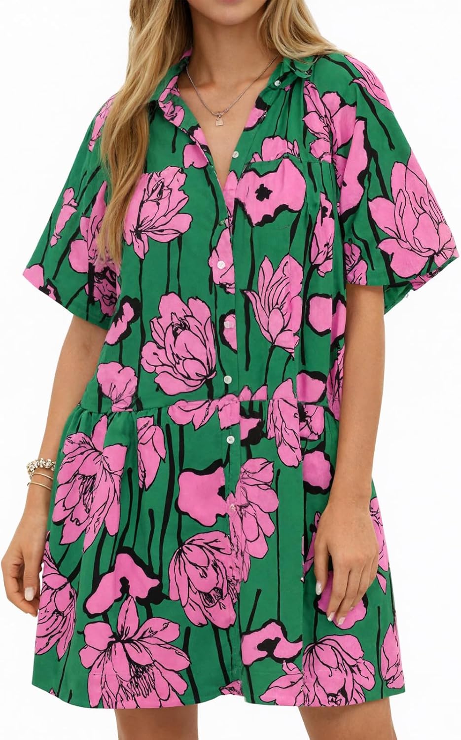 Women's Summer Button Down Shirt Dress Floral Puff Short Sleeve Casual Loose Fit Beach Mini Dresses - Image 2