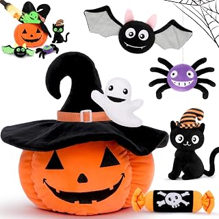 MorisMos Halloween Pumpkin Stuffed Animal Toys-5Pcs Glow in The Dark Halloween Stuffed Toys Bulk in 14'' Pumpkin Bucket, Soft Pumpkin Pillow with Ghost Plush Spider Plush Bat Plush Candy Cat Plush