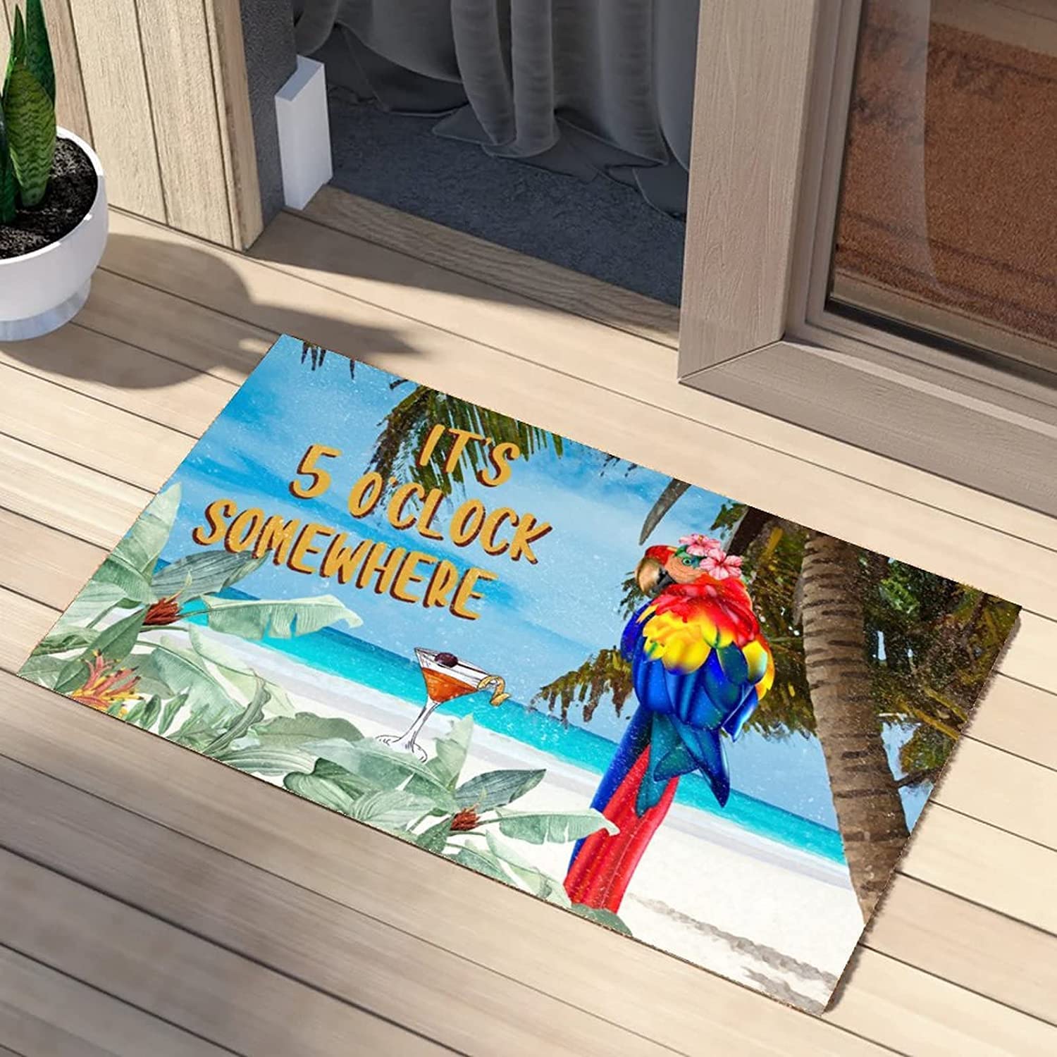 Its Five O' Clock Somewhere Welcome Mat Parrot Summer Sea Coastal Ocean Surfboards Colorful Bird Coconut Rugs Traps Dirt Indoor Outdoor Entryway
