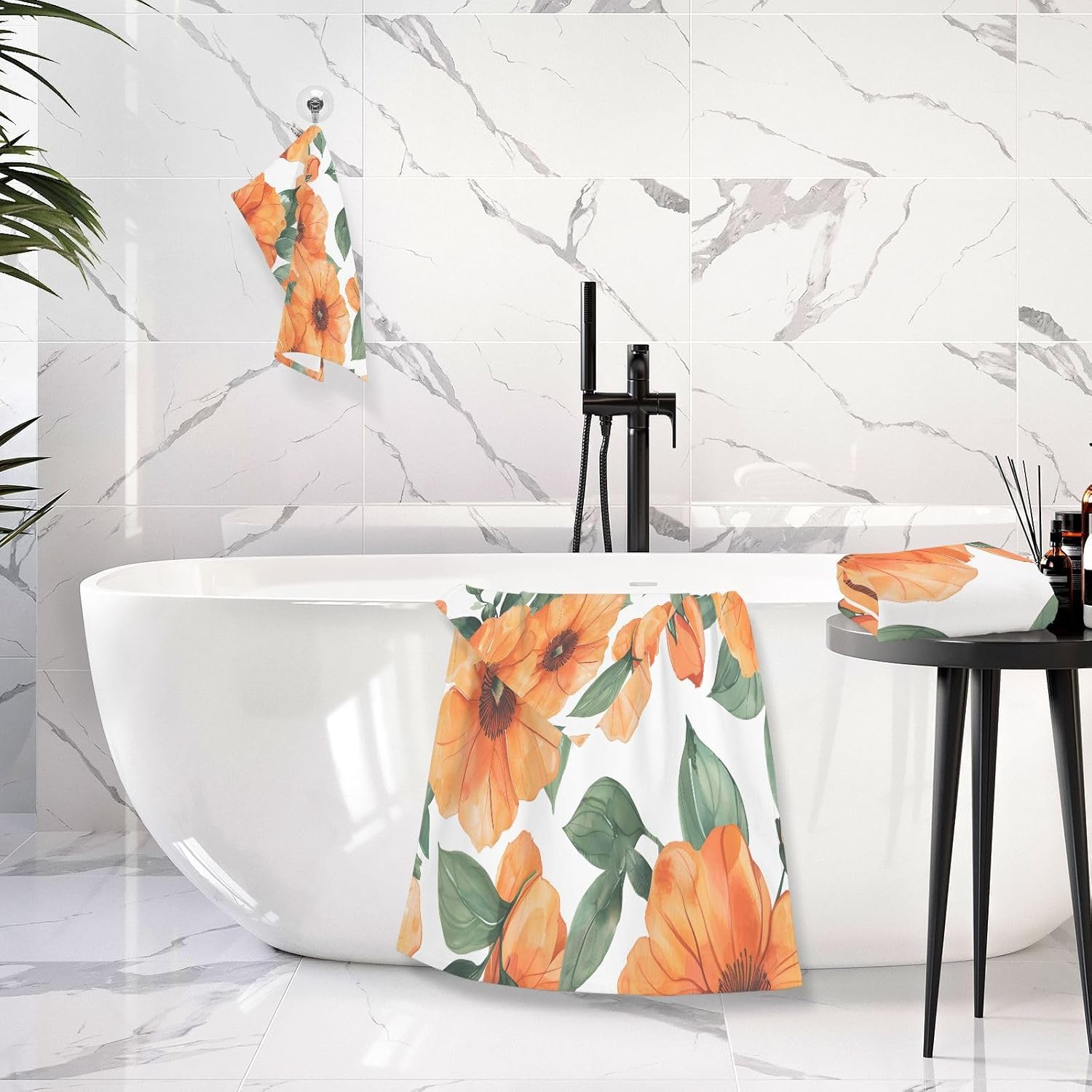 Hand Towels Premium Soft and Highly Absorbent Orange Flowers 2 Pcs Towels for Bathroom Set 100% Cotton Decorative Face Towels