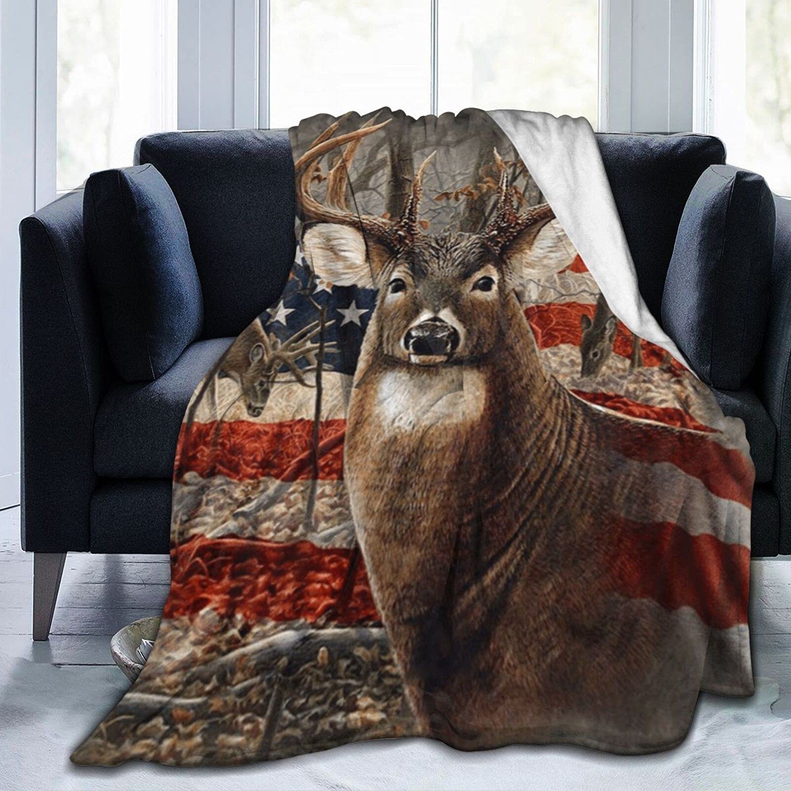 Super Soft Throw Blanket American Flag Deer Blanket Comfort Warmth Plush Fleece Air Conditioning Blanket Fit Bed Sofa Office 50"x40"