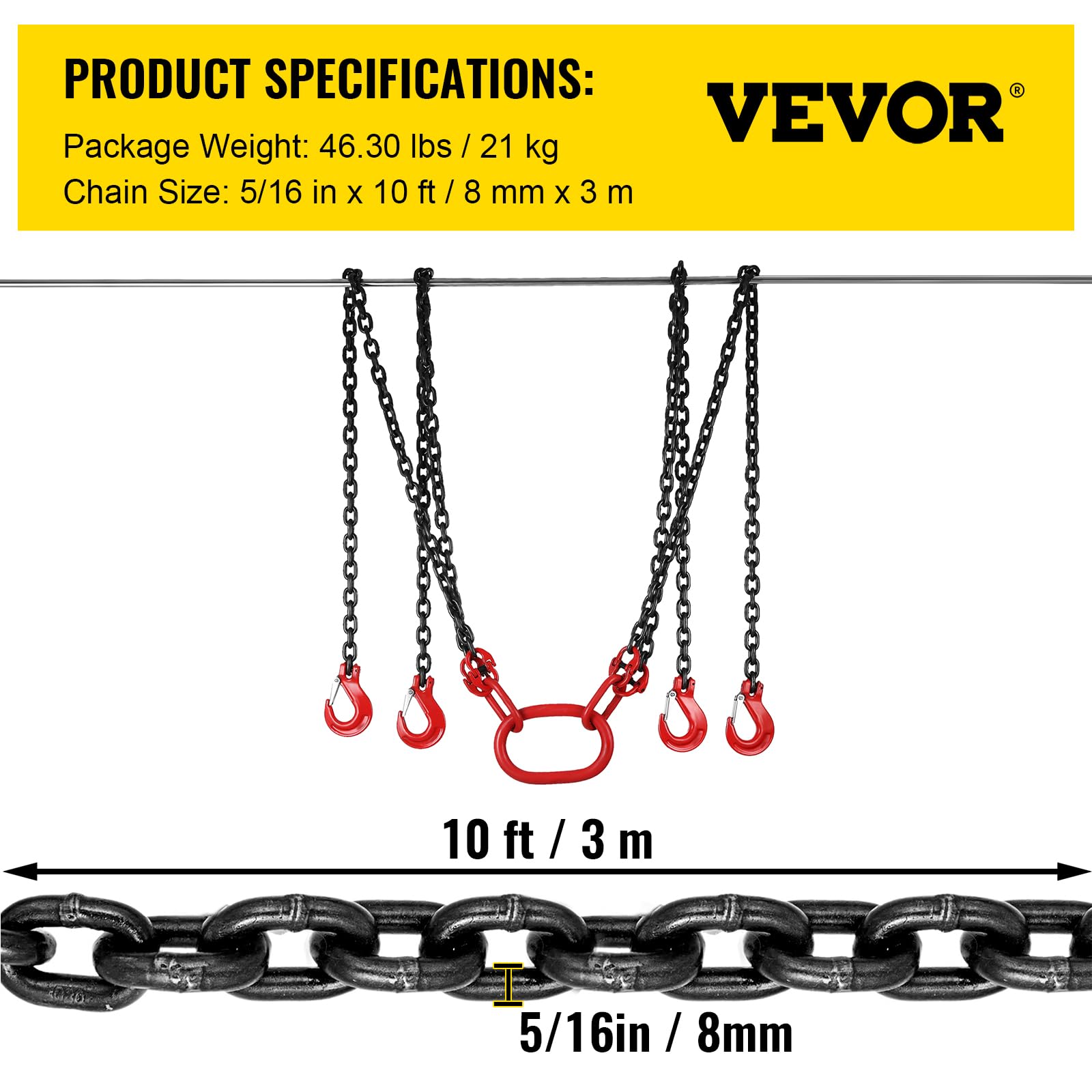 VEVOR Cadenas de Elevación de 4 Patas G80 Acero Aleado 3 m 8 mm 5 t
