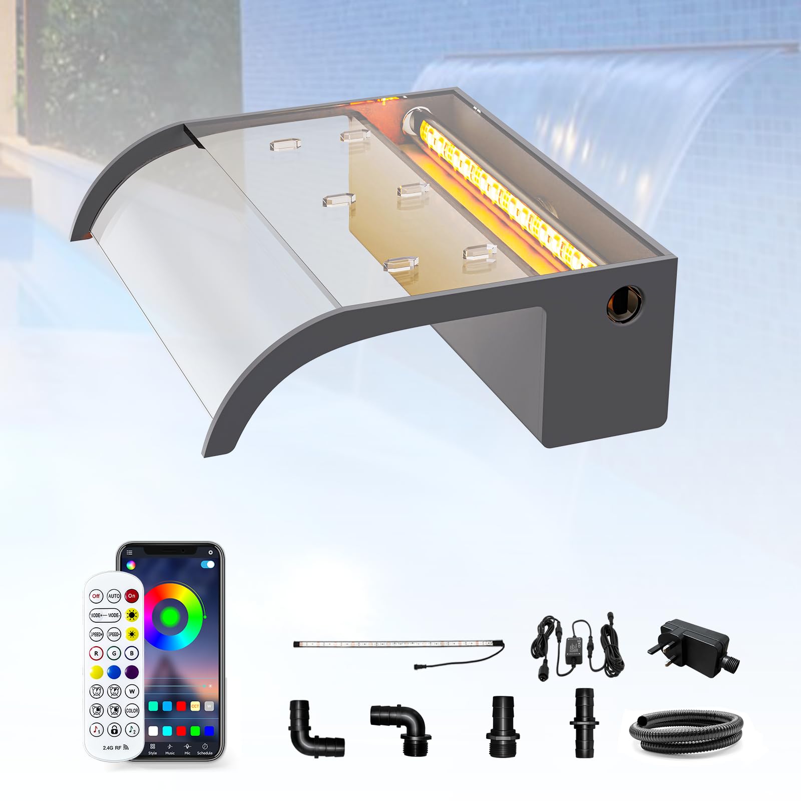LONGRUN Kit de Cascada de Piscina de 30 cm, Fuente de Estanque de acrílico, con luz LED RGB Bluetooth, Ancho 25,5 cm