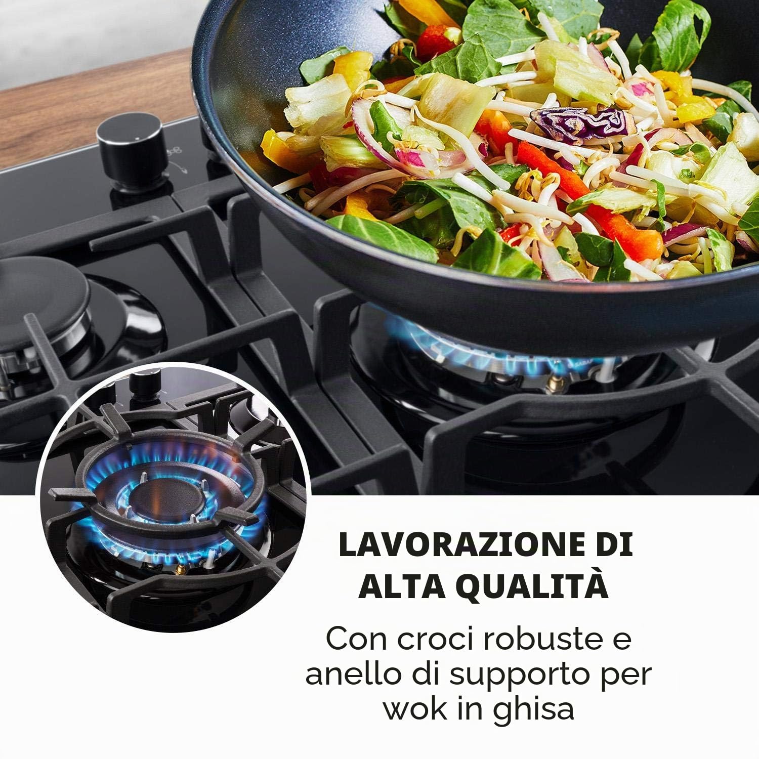 KLARSTEIN Ignito - Piano Cottura a Gas, Piastra da Incasso, Bruciatore Sabaf, Gas Naturale/Gas Propano, Valvole di Sicurezza, Spegnimento Automatico, Acciaio Inox, 5 Fuochi, 75 cm, Nero