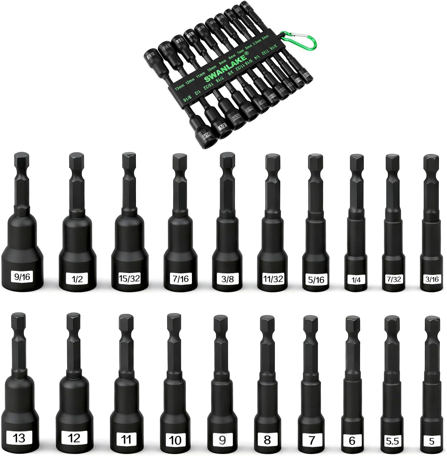 Magnetic Nut Driver Set, 20-Piece Metric & SAE 1/4" Hex Shank, Drill Socket Set, Impact Driver Bit Sets, Magnetic Bit Holder with Aluminum Alloy Snap Clip, 65mm Long Hex Bits, Quick Change Tool
