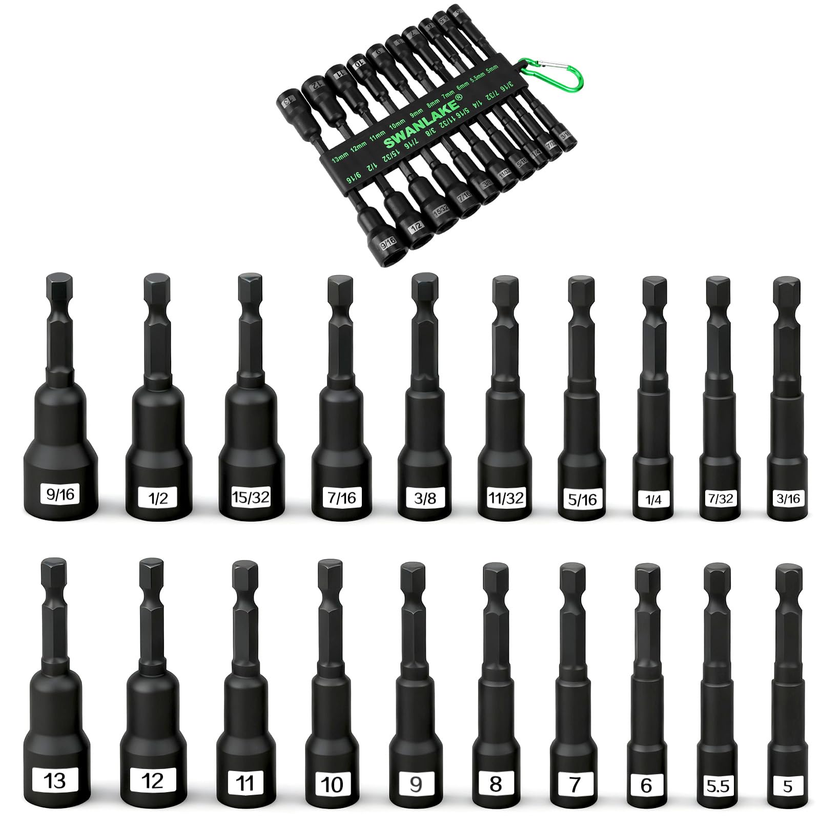 20-Piece Magnetic Nut Driver Set, Metric & SAE 1/4" Hex Shank, Drill Socket Set, Impact Driver Bit Set, Magnetic Bit Holder with Aluminum Alloy Snap Clip, 65mm Long Hex Bit, Quick Change Tool