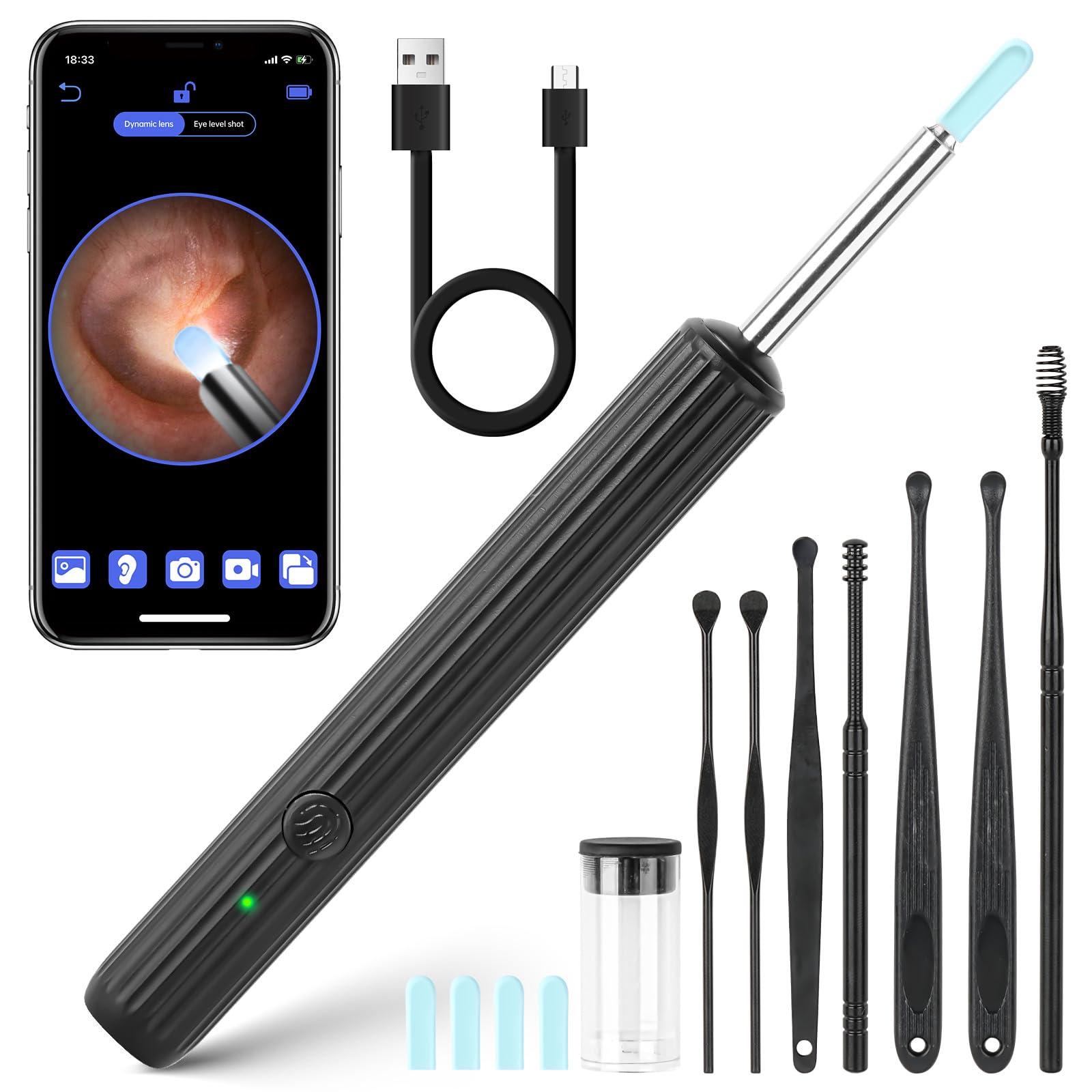 Ear Camera Wax Removal, 1080P HD Ear Cleaning Tool with Camera & Otoscope with Light, Ear Picker with Camera 8 PCs Portable Ear Spoon Ear Wax Removal Kit Ear Camera Cleaner for IPhone & Android