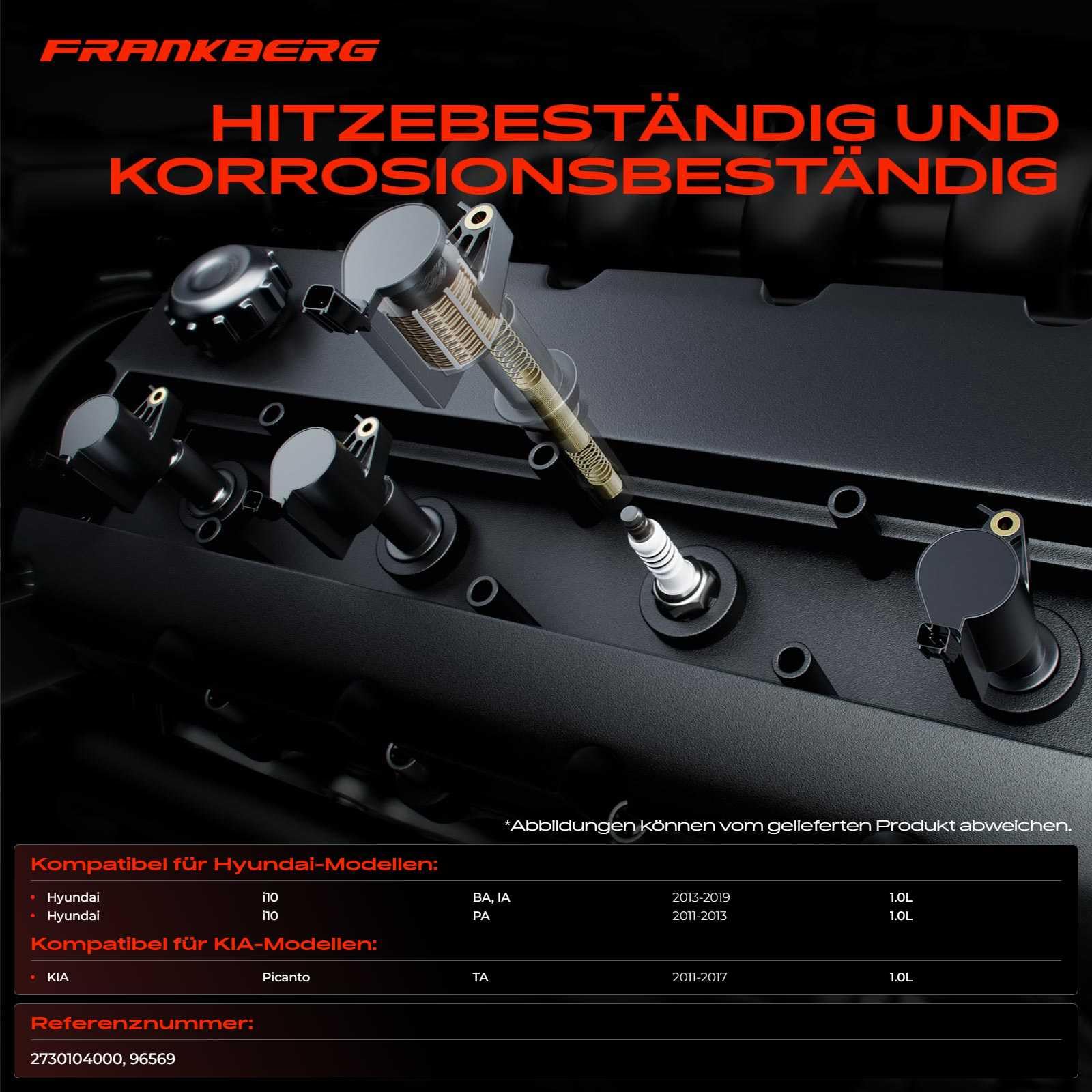 Frankberg 3 bobine di accensione + 3 candele per benzina 2730104000 | Compatibile con: Picanto TA, i10 PA, i10 BA IA