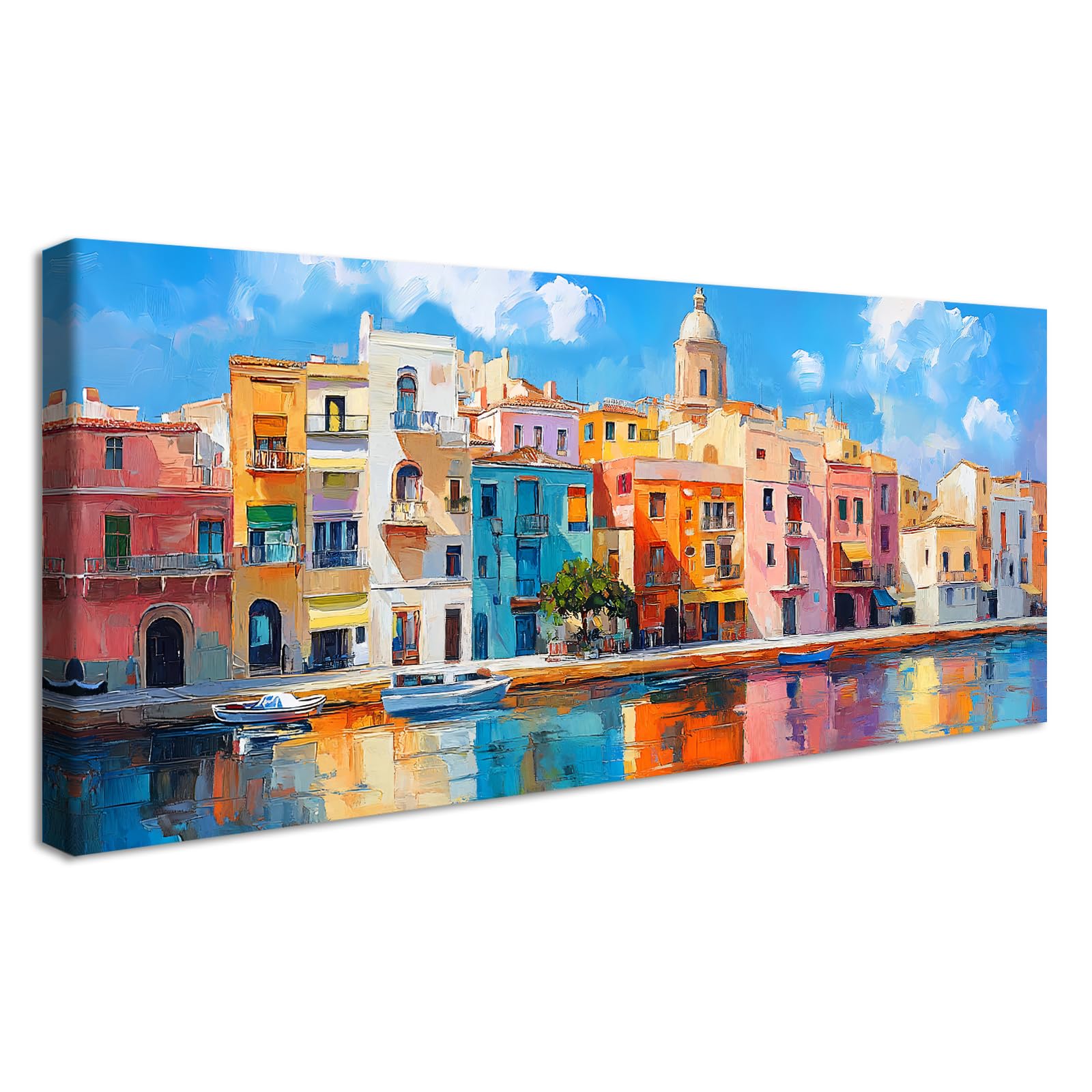 Marco de Madera Grandes Cuadros Decoracion Salon Modernos Casas de Colores Lienzo Decorativo Ciudad Costera Cielo Azul Paisaje Marino Pintura Cuadros Decorativos Salon Dormitorio Restaurante 50x120cm