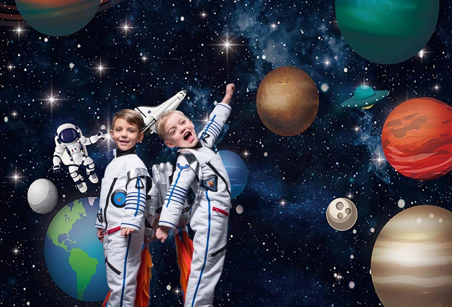 2.1x1.5m Sfondo Spazio Universo Pianeta Stella Galassia Astronauta Razzo Fotografia Sfondo Bambini Ragazzi Ragazze Feste di Compleanno Decorazioni Banner Photo Booth Props