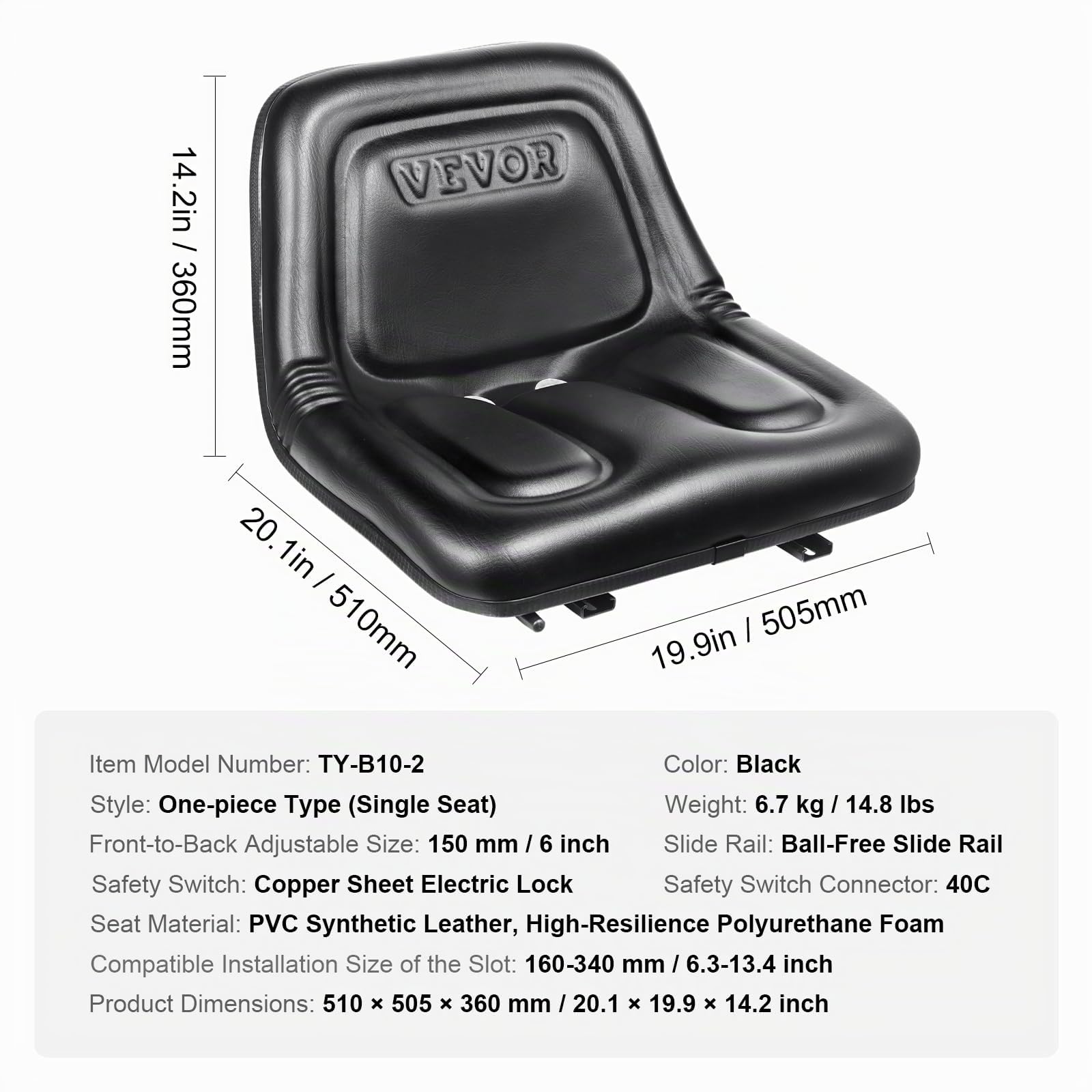 VEVOR Siège de Chariot Élévateur à Fourche Universel Siège de Tracteur avec Micro-interrupteur Trous de Drainage Fente Étendue 160-340 mm Siège Confortable pour Chargeur Excavateur Tondeuse à Gazon