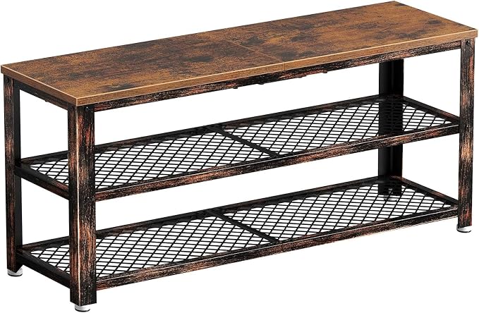 Rolanstar Shoe Bench, 3-Tier Shoe Rack, 40” Storage Entry Bench with Mesh Shelves Wood Seat, Rustic Foyer Bench for Hallway Front Door, Doorway, Living Room, Mudroom, Steel Frame, Rustic Brown