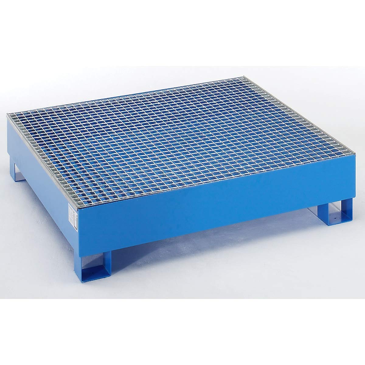 eurokraft | Stahl-Auffangwanne für 200-l-Fässer | LxBxH 1200 x 1200 x 285 mm | ohne Zulassung | Blau pulverbeschichtet | mit Gitterrost