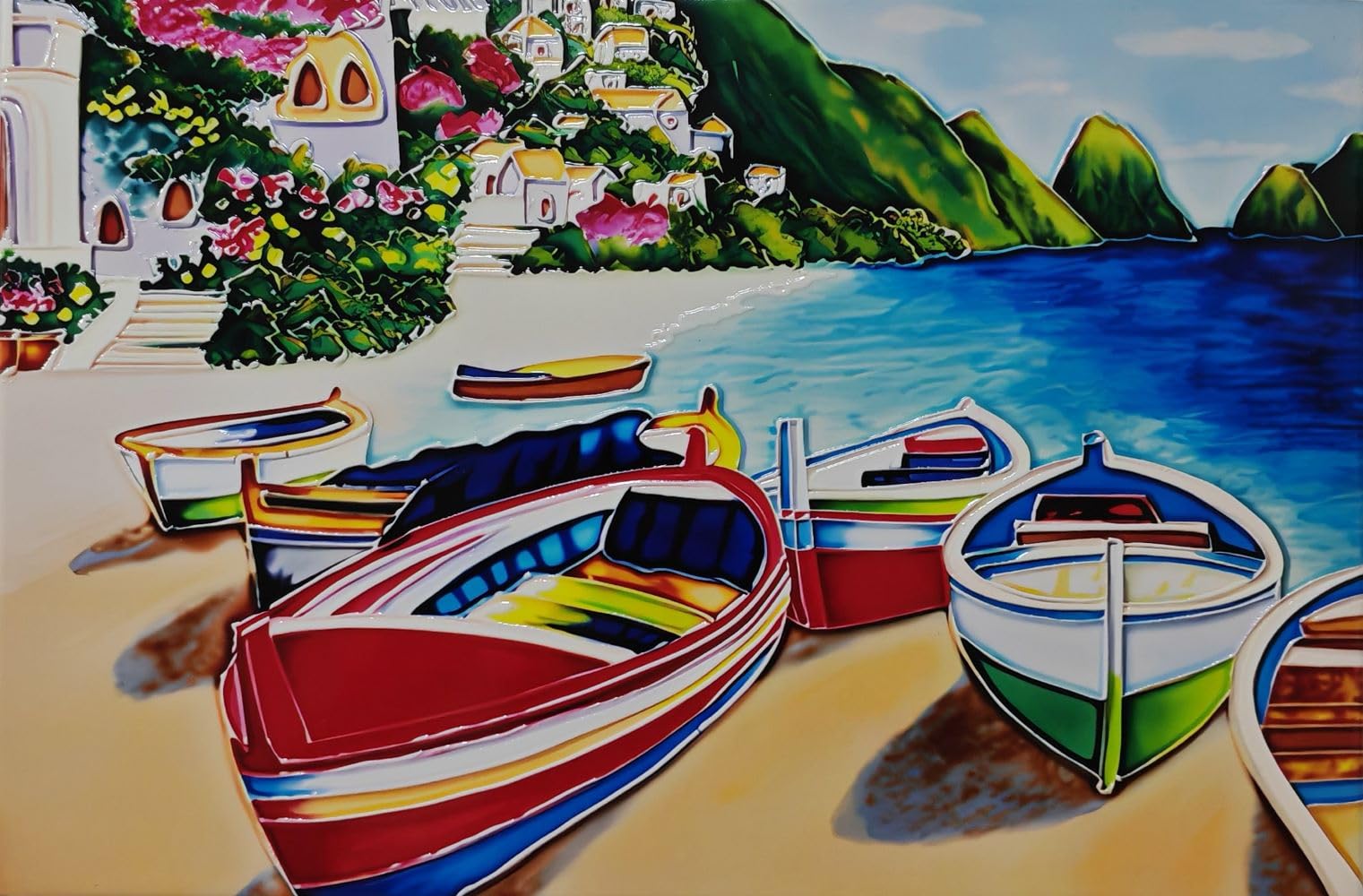 Old Tupton Ware Decorative Art Tile (19 x 29 cm) - Beachside Boats, Multicolour, 29L x 19W cm