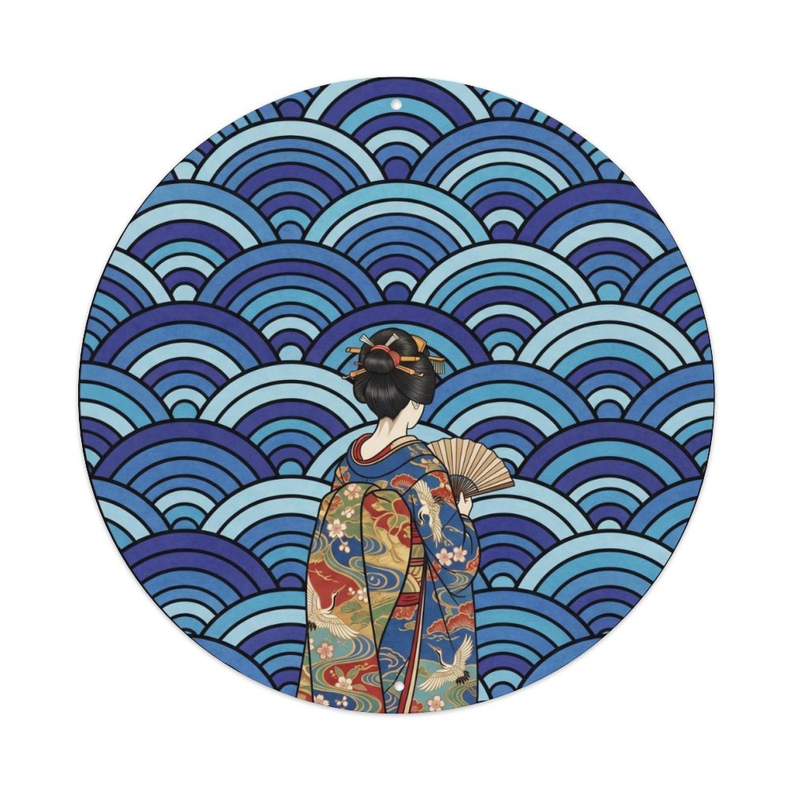 Galvaxio Style Japanese Kimono Woman Viewing Seigaiha Wave Pattern Metal Tin Sign