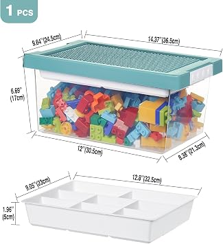 Greentainer Storage Bins with Lids for Lego Cube Kids Toy Box Stackable Plastic Boxes Organiser with Removable Tray Craft Containers for Building Blocks Bricks Puzzle Board Organizer Accessories