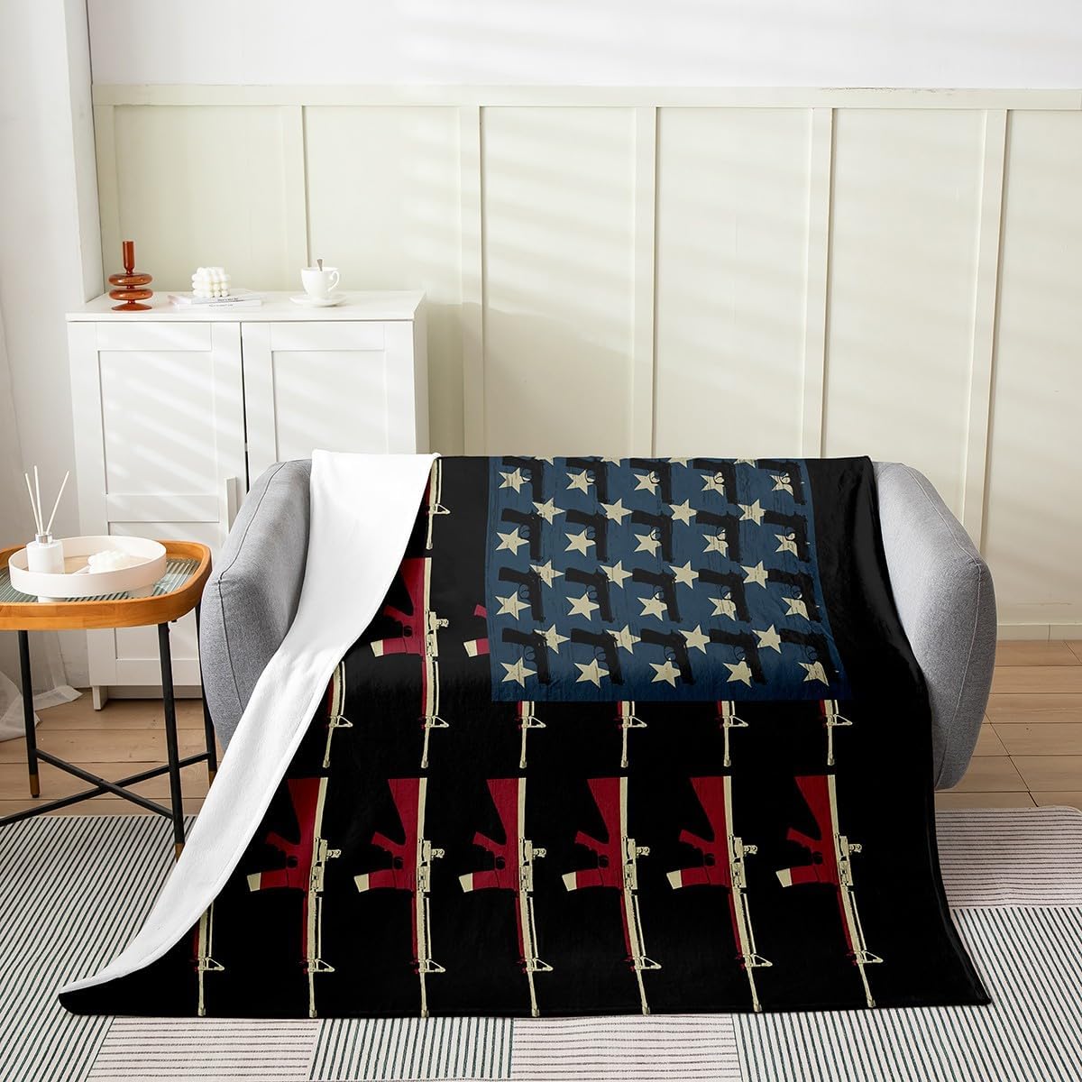 American Flag Bed Blanket Queen 90x90,Vintage Soldier Guns Blanket Military USA National Flag Throw Blanket Shooting Weapon Fleece Blanket Retro Army Weapons Stars and Stripes Theme Flannel Blanket