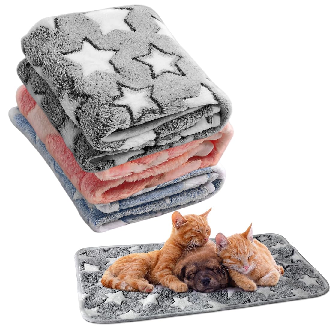 Paquete de 3 mantas lavables para perros, suaves y duraderas, cálidas y suaves mantas de franela para mascotas, tamaño M para perros pequeños y medianos (rosa, azul y negro).