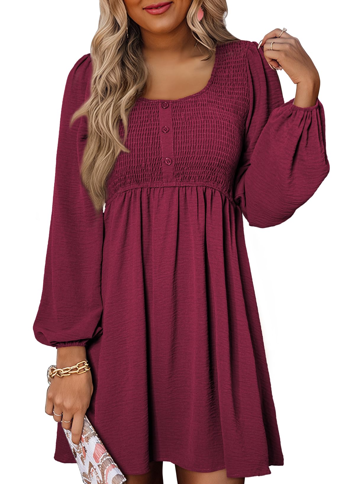 Dokotoo Womens Dresses 2025 Casual Smocked Crewneck Button Up Long Sleeve Empire Waist A-Line Mini Dress