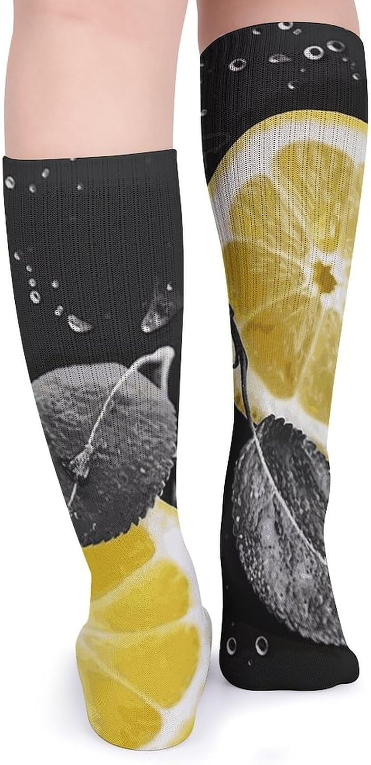 Breathable Crew Sock, Moisture Wicking, Athletic Calf Socks, Cozy | Lemon with on Black And White Compression Socks for Women Men, Lightweight High Work Socks for Business, Casual