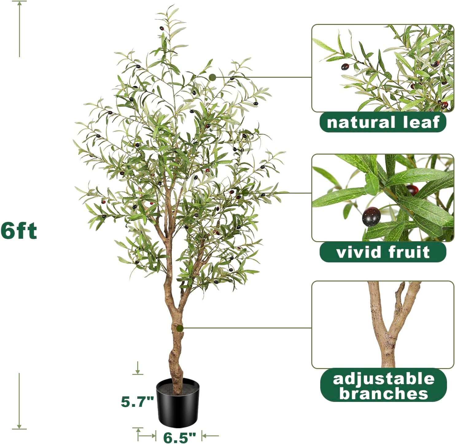 Artificial Olive Tree 6ft -Tall Fake Potted Olive Silk Tree with Planter Natural Olive Branches and Realistic Leaves - Faux Olive Tree for Home House Office Decor Indoor