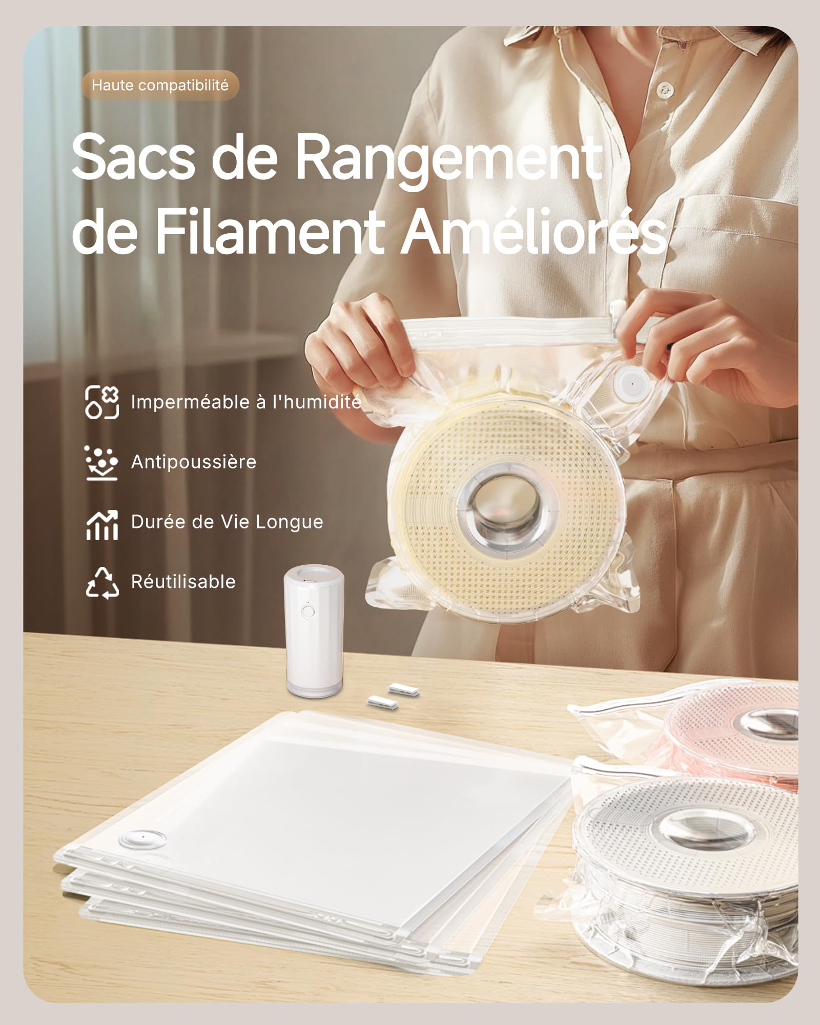 YOOPAI Sac Stockage sous Vide de Filament d'Imprimante 3D Kit, 20 Pcs Filament Sac Réutilisable Sacs Scellés sous Vide avec Pompe Auto, 38 * 33cm