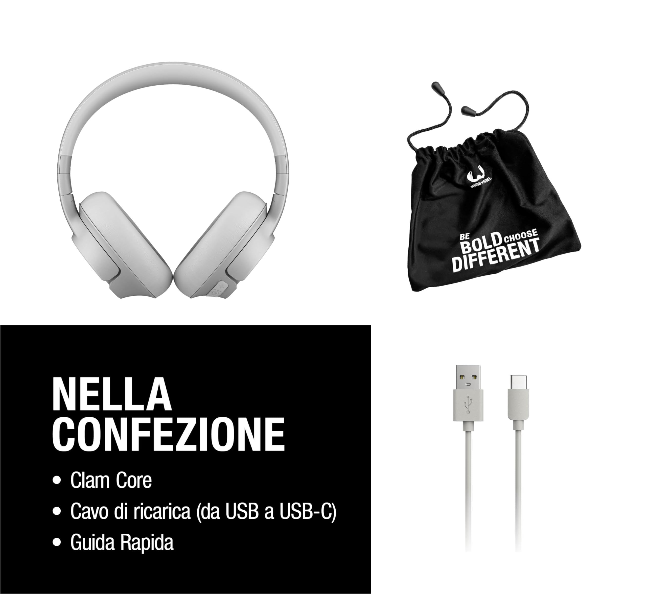 Fresh 'n Rebel Clam Core Cuffie Bluetooth Over Ear con Microfono ENC (chiamate perfette), Controllo del volume e tasti play/pause, 45 ore di Riproduzione, Senza Fili (Bianco)