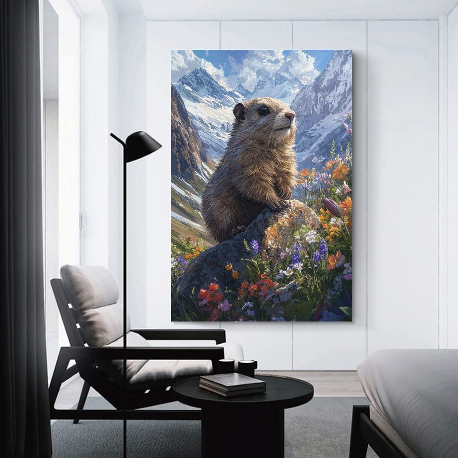 Junmoney Marmot in Mountain Meadow Home Decor Wall Art, 24x36inch(60x90cm), for Apartment Walls, Studios Or Work Areas, Decorative Canvas Decor for Home Updates